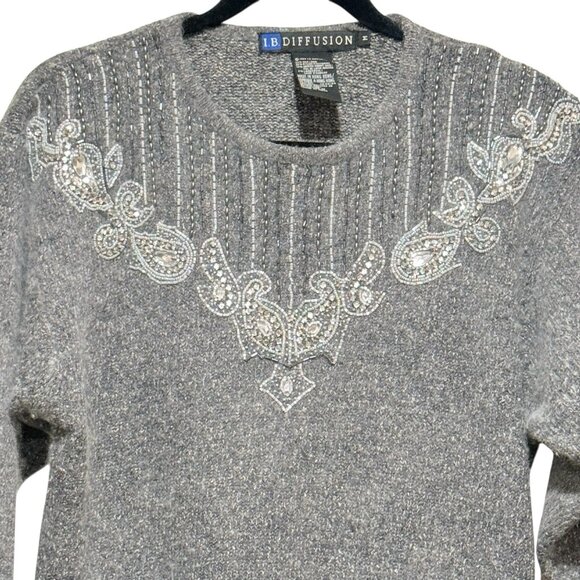 Vintage 80s Silk Angora Blend Gray Sequin Beaded Womens Holiday Sweater Medium - Picture 2 of 9
